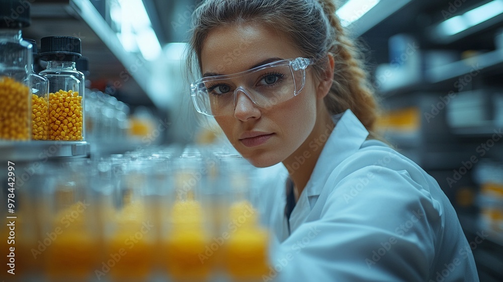 Focused Scientist: A determined female scientist in a lab coat and safety glasses gazes intently at rows of vials filled with yellow pellets, highlighting her dedication and precision. Focused Scientist: A determined female scientist in a lab coat and safety glasses gazes intently at rows of vials filled with yellow pellets, highlighting her dedication and precision.