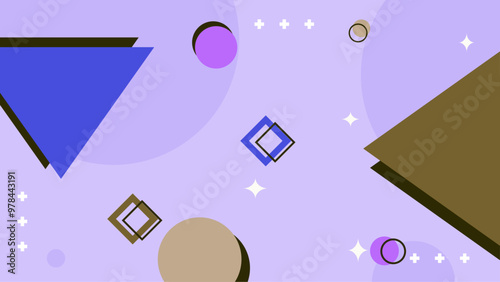 Vibrant Geometric Abstract Design with Shapes and Colors. A colorful abstract design featuring a variety of geometric shapes such as triangles circles and squares on a purple background