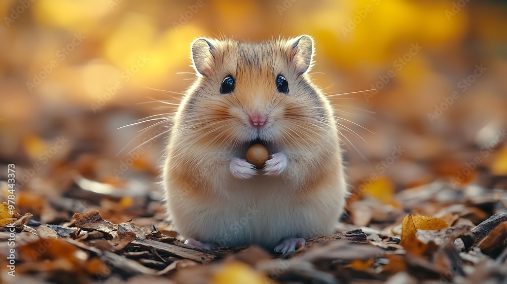 A cute hamster holding a nut in its paws, with a blurred autumn background. A cute hamster holding a nut in its paws, with a blurred autumn background.