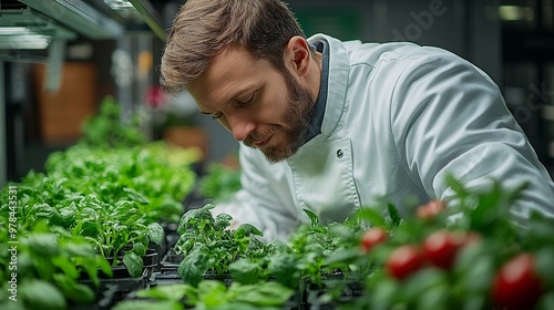 Chef Inspecting Herbs in Urban Farm: A young chef in a white coat meticulously examines fresh herbs and tomatoes growing under a row of LED lights in a modern, controlled environment. The image captur photo