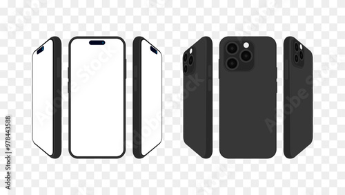 Smartphone and Mobile Phone Front and Back View Vector Illustration with Blank Screen