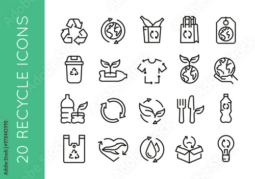 Recycle icons. Set of 20 recycle trendy minimal icons. Recycling Symbol, Earth with Arrows, Bin, Reusable Bag, Water Drop icon. Design signs for web page, packaging design. Vector illustration.