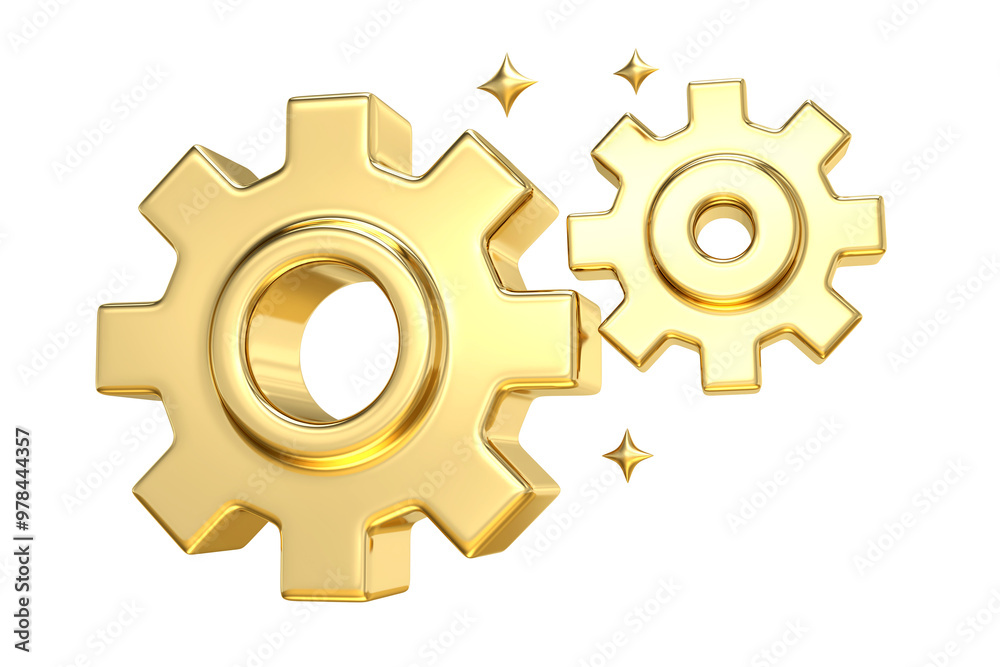 Golden Gears of Innovation, 3D rendering of two interlocking golden gears, symbolizing seamless teamwork, precision, and the pursuit of excellence
