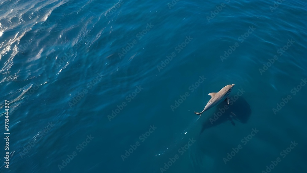 Naklejka premium One beautiful dolphin swims in the sea top view. Marine mammal swimming in blue water. Animal life in wild nature from above. Wildlife shot with copy space