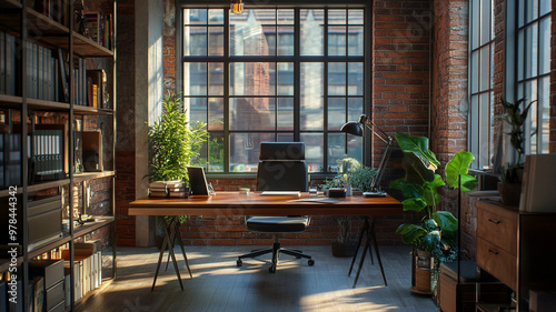 Cozy and modern office space with large windows and greenery in an urban setting