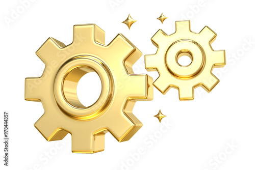 Obraz na płótnie Golden Gears of Innovation, 3D rendering of two interlocking golden gears, symbolizing seamless teamwork, precision, and the pursuit of excellence w salonie
