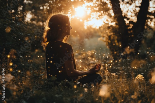 A person sitting cross-legged in a meditative pose, surrounded by nature, with a gentle aura of light symbolizing mindfulness and mental well-being