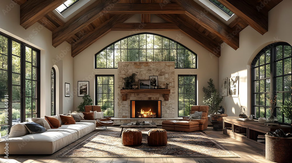 Modern Farmhouse Living Room Design with Stone Fireplace and Large Windows Modern Farmhouse Living Room Design with Stone Fireplace and Large Windows