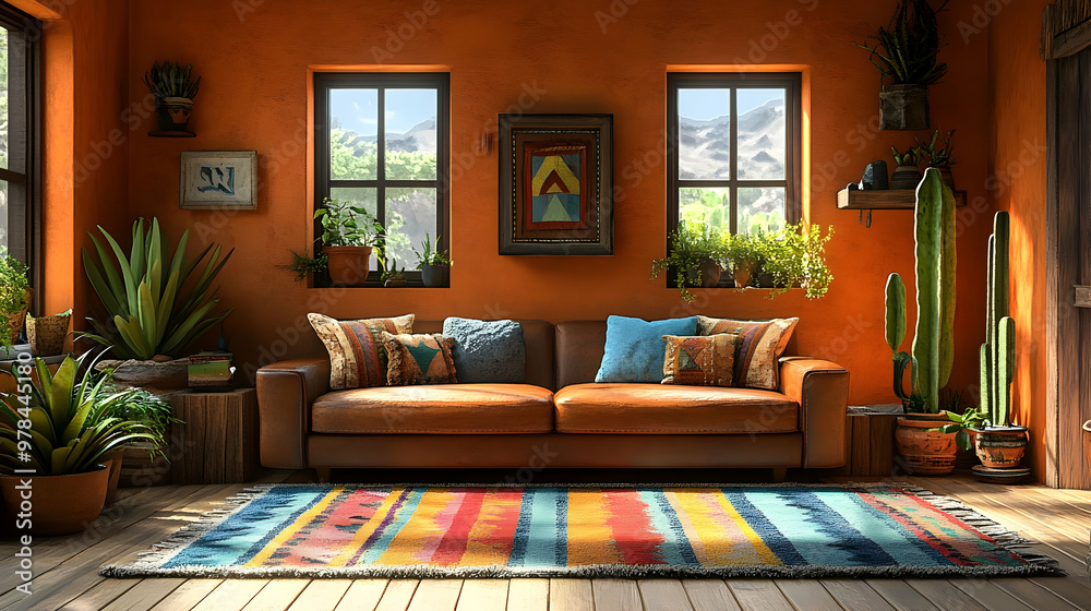 Southwest Living Room Design with Colorful Rug, Leather Sofa and Cacti Southwest Living Room Design with Colorful Rug, Leather Sofa and Cacti