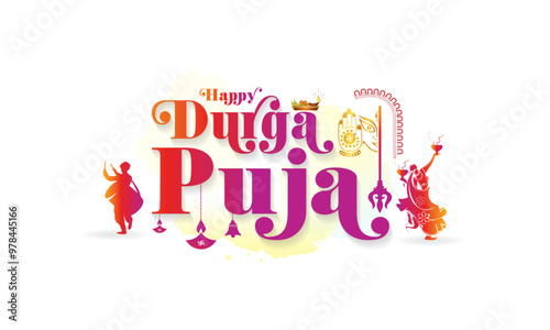 Happy Durga Puja text, celebration, promotional greeting card and Logotype design.