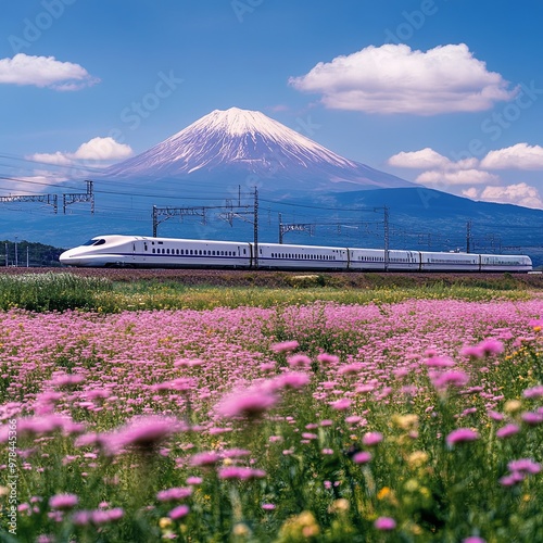 Shinkansen JR Bullet train go through Mt. Fuji and pink alpine milk-vetch flowers and blue sky, Fuji. Famous transportation to transit between Tokyo to Osaka