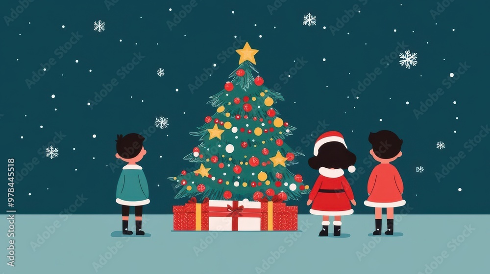 Fototapeta premium Children waiting for Santa on Christmas Eve, decorated tree, flat design illustration
