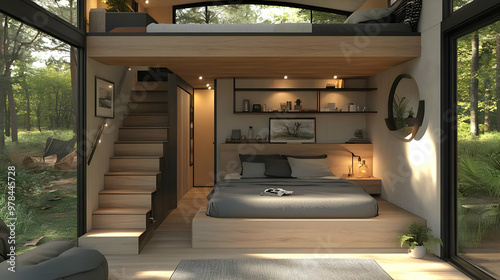 Modern Minimalist Tiny Home Design with Loft Bedroom and Natural Light photo