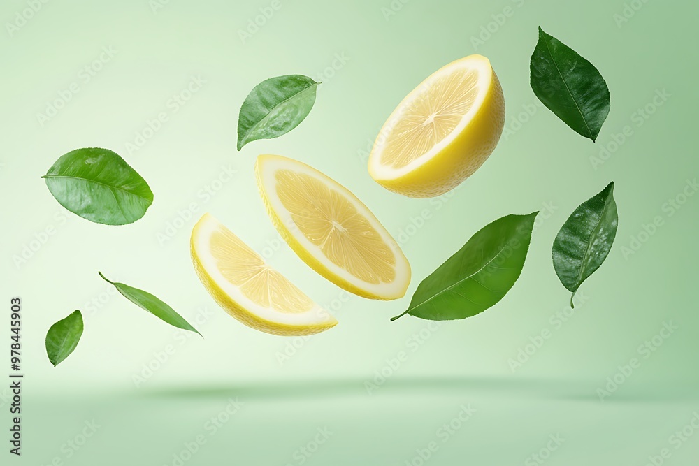 levitation lemon fruit slices with green leaves levitation lemon fruit slices with green leaves