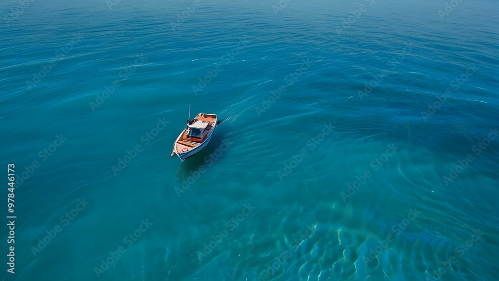Fototapeta premium Aerial view of moving boat at the ocean. Top view sailing ship in deep sea. Yacht in open sea from above, blue water background with copy space. Beautiful tranquil seascape