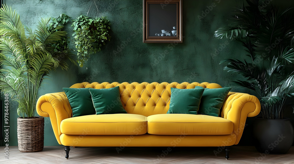 Yellow Sofa with Green Pillows and Plants in a Room with a Green Wall Yellow Sofa with Green Pillows and Plants in a Room with a Green Wall