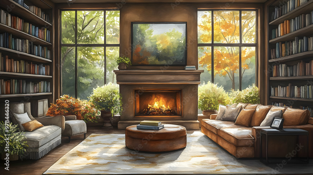 Cozy Fireplace Living Room with Bookshelves and Large Windows Cozy Fireplace Living Room with Bookshelves and Large Windows