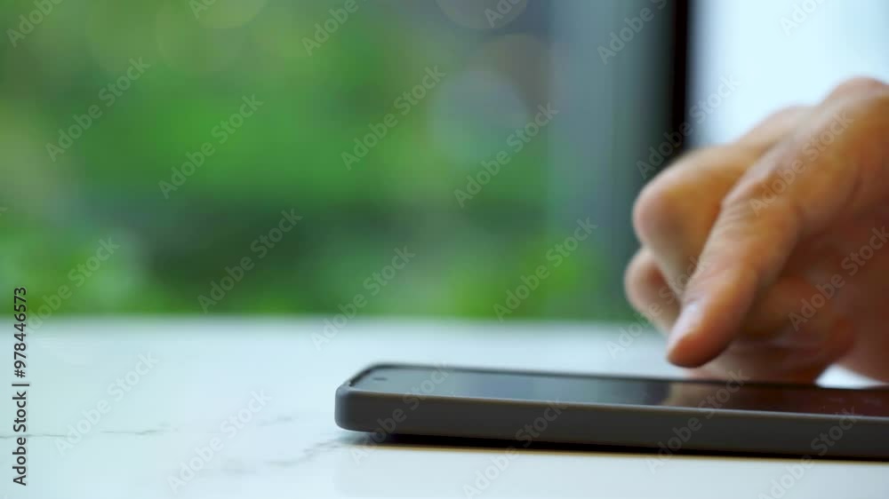 Close-up of hand males looking at smartphone. Close-up of hand males looking at smartphone.