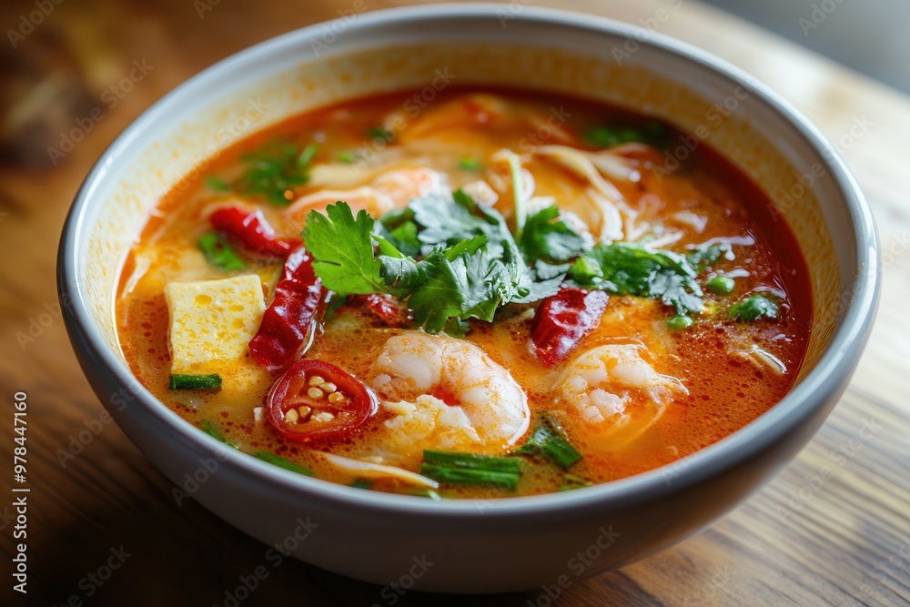 A vibrant bowl of shrimp soup, featuring fresh herbs, spices, and a rich savory broth, perfect for a comforting meal. A vibrant bowl of shrimp soup, featuring fresh herbs, spices, and a rich savory broth, perfect for a comforting meal.