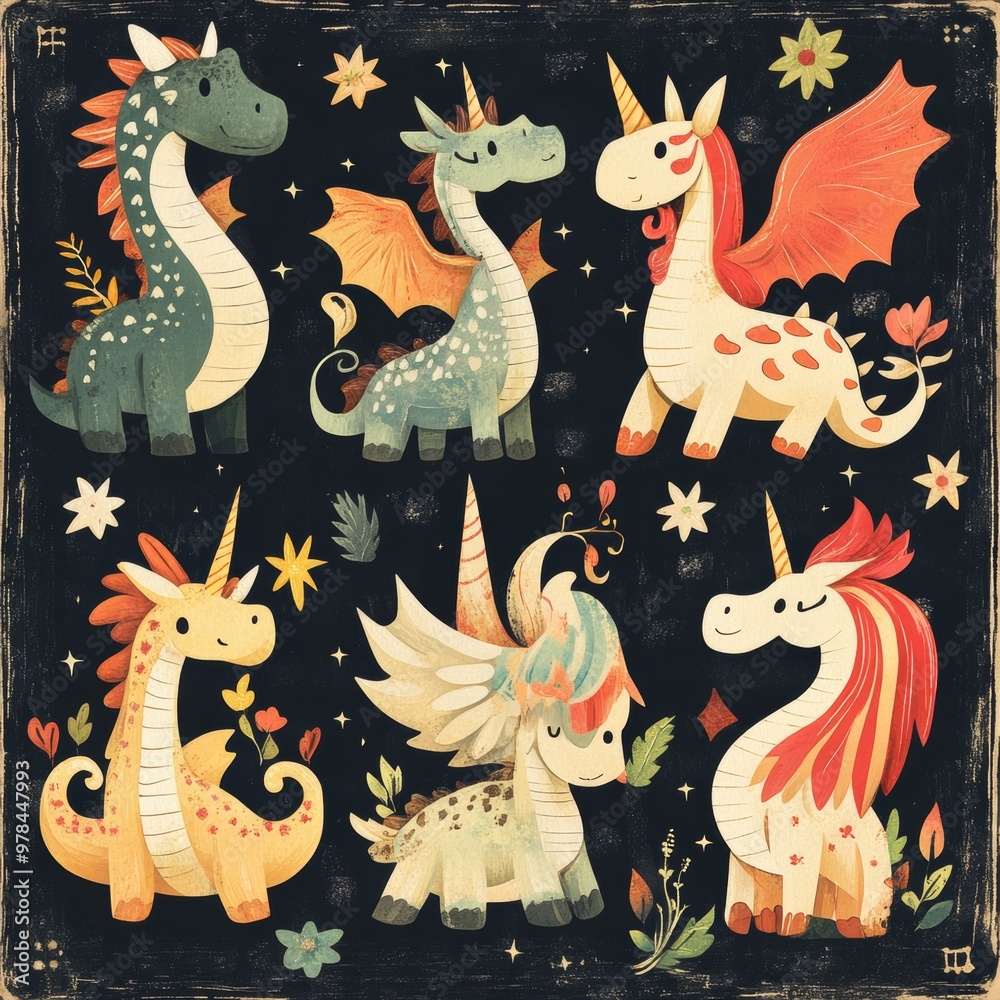Obraz premium Cute Cartoon Dragons and Unicorns with Flowers Illustration