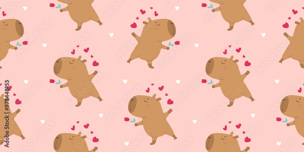 Funny lovely capybara with flower seamless pattern Funny lovely capybara with flower seamless pattern