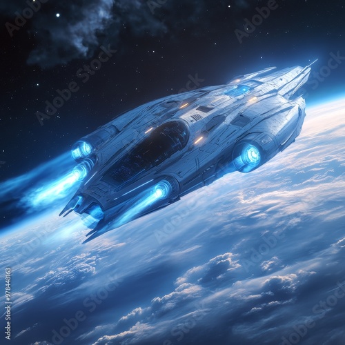 Wallpaper Mural Futuristic Spaceship Flying Above Earth with Blue Lights and Stars Torontodigital.ca