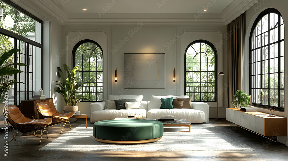 Modern Living Room Design with White Sofa, Arched Windows, and Green Accent Chair