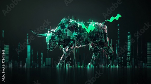 Bull charging forward with a green arrow rising behind stock data streams across glowing screens creating a backdrop metallic sheen on the bull's body slightly low viewing angle skyscrapers blend