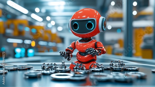 A Robotic Cartoon Character Assembling Toy Parts in a Factory Setting 