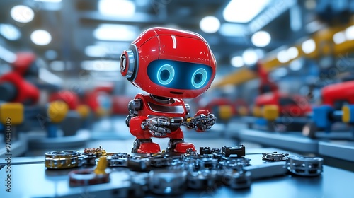 A Robotic Cartoon Character Assembling Toy Parts in a Factory Setting 