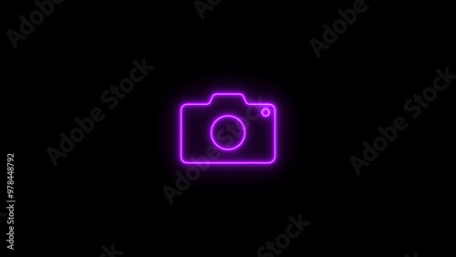 pink color camera icon. Neon camera icon. photo camera icon. Camera Icon Square Button on black background.