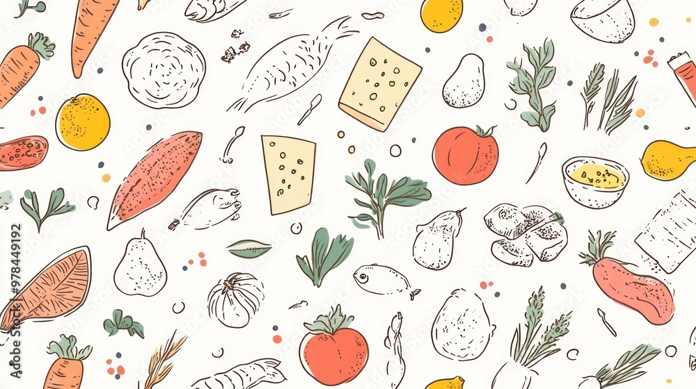Hand-Drawn Food Pattern: A Delicious Mix Hand-Drawn Food Pattern: A Delicious Mix