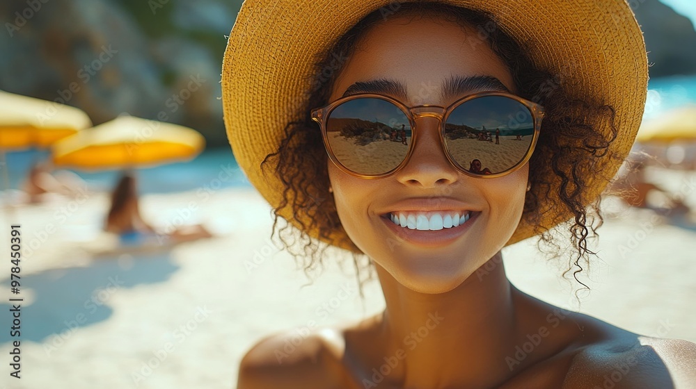 Smiling Woman with Sunglasses at the Beach Generative AI