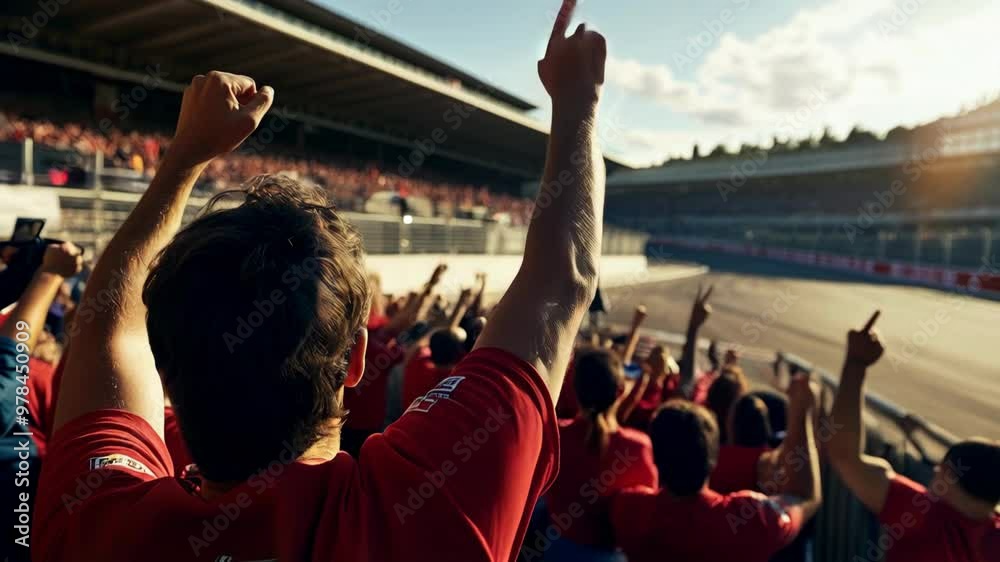 Crowd of cheering fans in red t-shirts fills the grandstand at an exciting Formula Race event.
