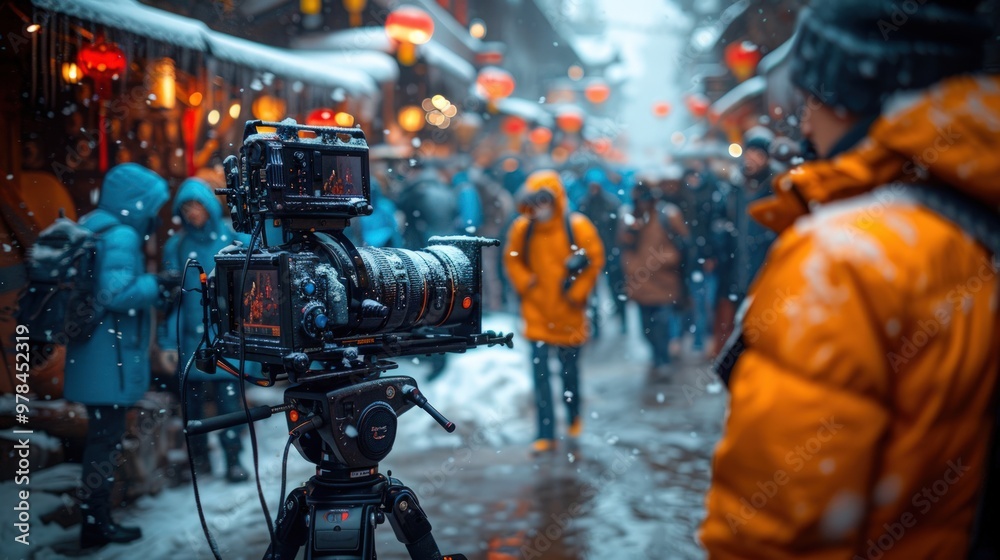 A cameraman films a bustling snowy street scene, capturing the ambiance of a winter festival with colorful lanterns and happy crowds. A cameraman films a bustling snowy street scene, capturing the ambiance of a winter festival with colorful lanterns and happy crowds.