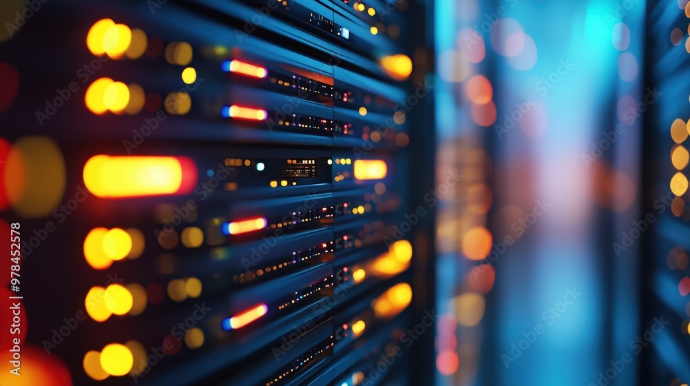 Modern Data Center with Glowing Cables and Lit up Server Equipment in Abstract Blue and Yellow Lighting Modern Data Center with Glowing Cables and Lit up Server Equipment in Abstract Blue and Yellow Lighting