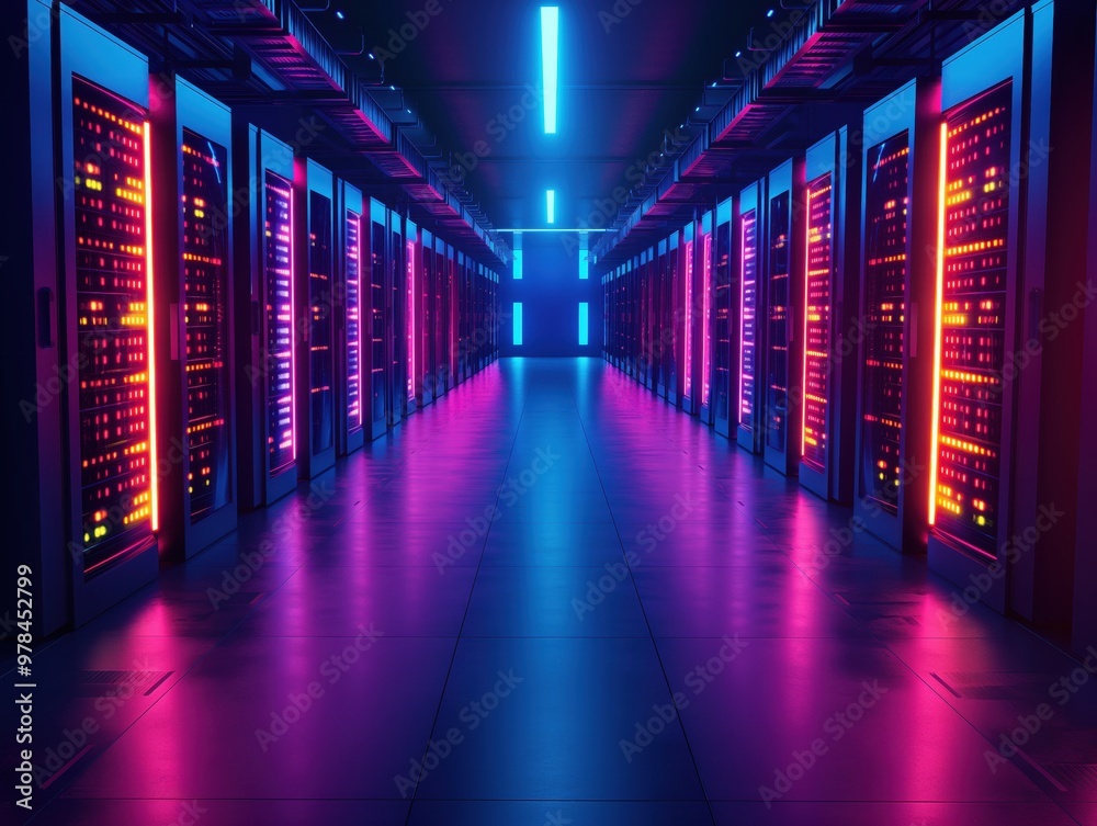 Fototapeta premium Neon Lit Data Center Hallway with Glowing Server Racks