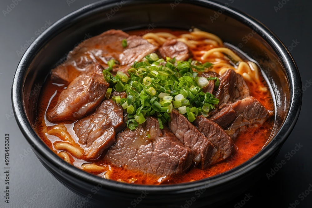 Delicious bowl of beef noodle soup topped with fresh green onions, perfect for a hearty meal or comforting dinner. Delicious bowl of beef noodle soup topped with fresh green onions, perfect for a hearty meal or comforting dinner.