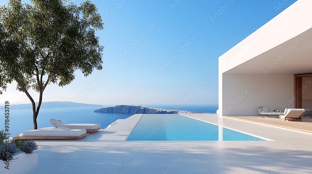 Fototapeta premium Breathtaking Minimalist Villa Terrace Overlooking Santorini s Stunning Seascape 