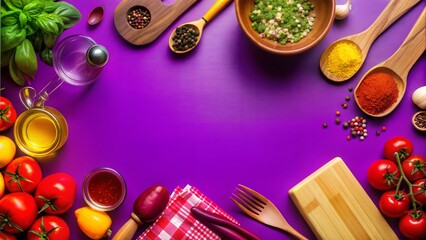 Top view of a wooden kitchen table with scattered utensils, ingredients, and open copy space in the center, [kitchen table copy space], [food preparation layout]