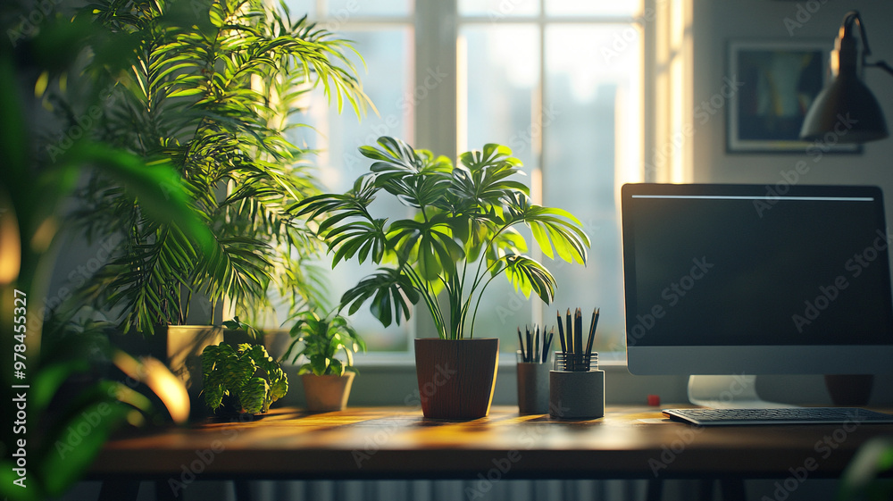 Home office workspace with plants and natural light in the morning Home office workspace with plants and natural light in the morning