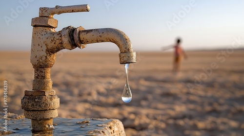 Rusty faucet with a single water droplet in a parched landscape, highlighting the lack of water