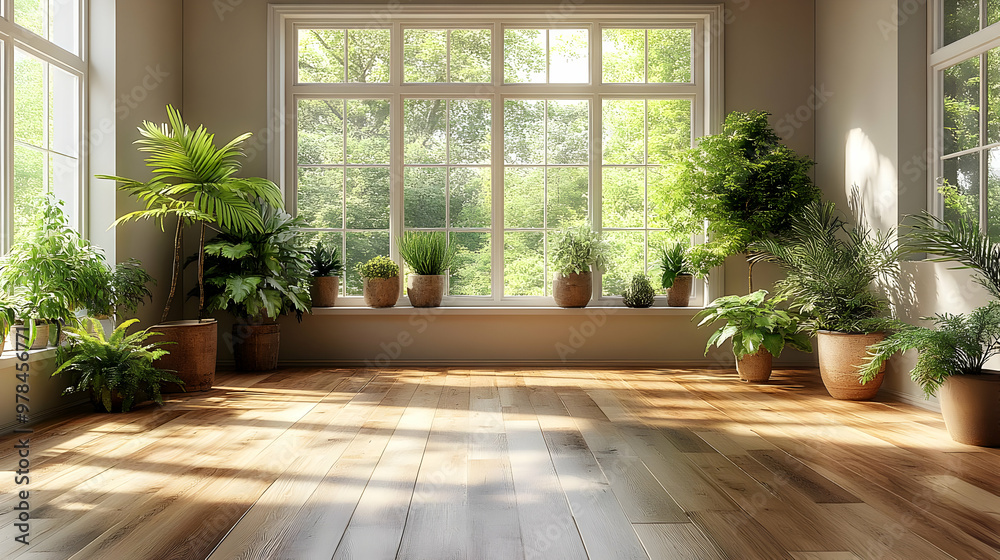 Sunlight Streaming Through Large Windows into a Room Filled with Plants Sunlight Streaming Through Large Windows into a Room Filled with Plants