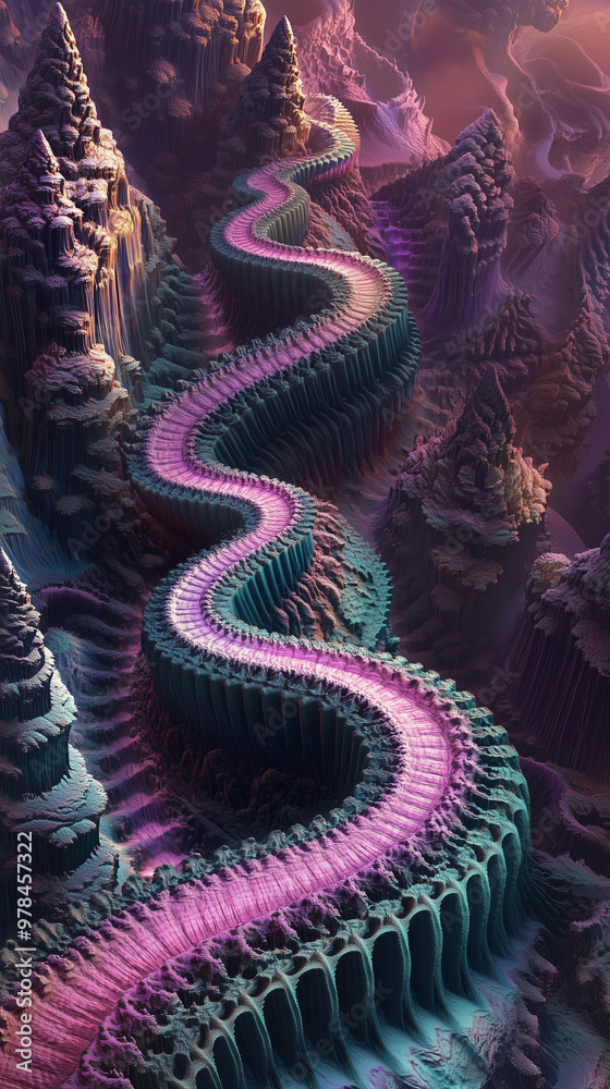 Fototapeta premium Abstract digital 3D fractal landscape, towering structures formed by repeating patterns, deep valleys and spirals, glowing edges, otherworldly and surreal terrain, vibrant color palette