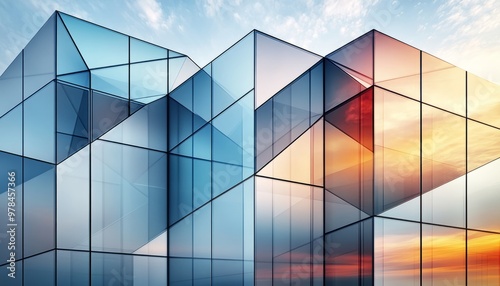 Geometric Glass Facade Reflecting Sunset Sky