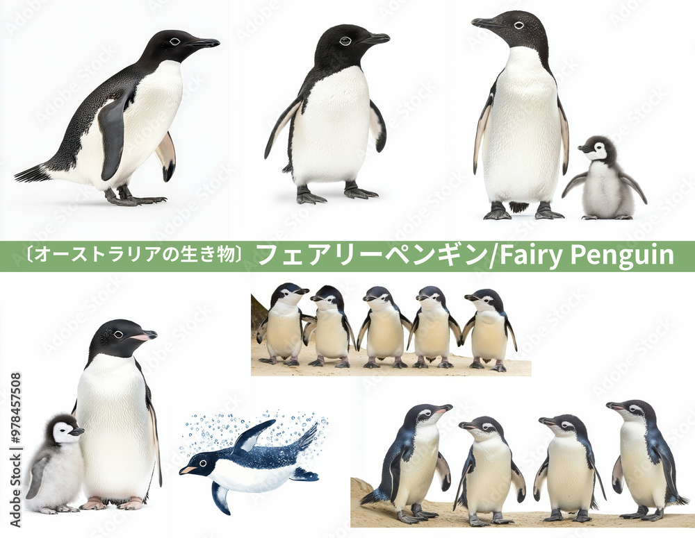 Obraz premium フェアリーペンギン/Fairy Penguin オーストラリアの生き物、背景白の切り抜きセット Generative AI