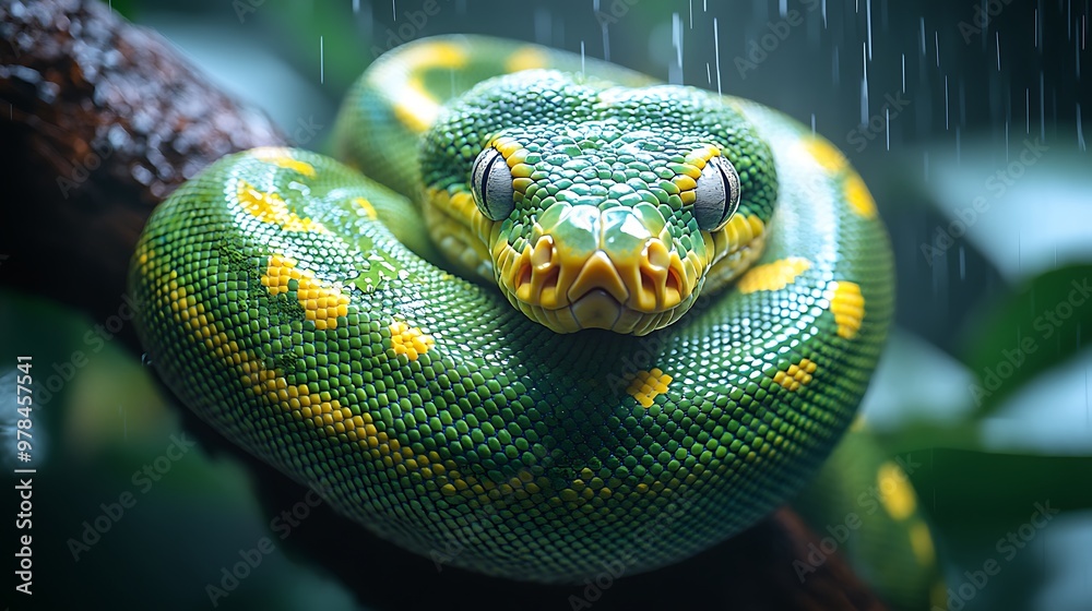 A green tree python with yellow markings is coiled around a branch, looking directly at the camera in the rain. A green tree python with yellow markings is coiled around a branch, looking directly at the camera in the rain.