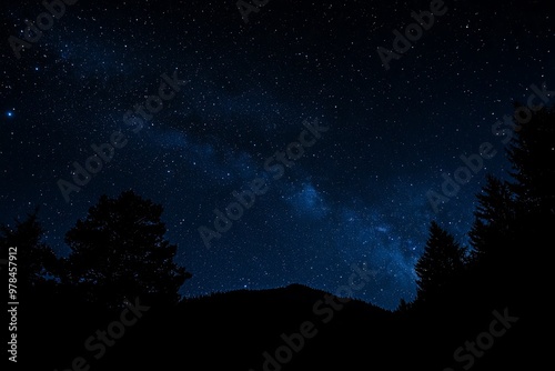 Starlit night sky over a landscape silhouette during a clear, tranquil evening in the mountains. Generative AI