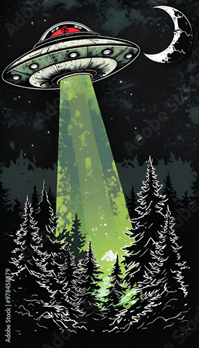 Mysterious UFO Abduction Scene with Illuminated Forest Art