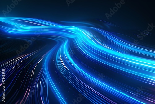 Abstract Blue Waves with Glowing Particles, abstract background, abstract digital technology blue light particles on blue background, Dynamic Sound Wave with Blue Energy Flow Concept. Cyberspace, 